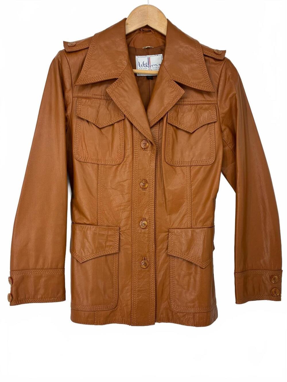 Wilsons Leather Vintage Camel Brown Leather Jacket with Multiple Pockets Sz 12